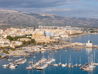 Aerial drone photo of the marina and yachts in Manfredonia in Puglia, southern Italy.