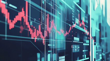 Abstract financial data visualization with fluctuating graphs and digital interfaces in a modern setting