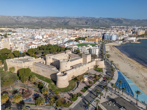 Aerial drone view of the fortress and coastal town of Manfredonia in Puglia, Italy.