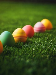 easter, holidays and tradition concept - row of colored eggs on artificial grass