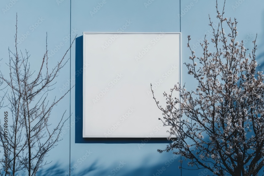 Aufkleber blank space on blue wall surrounded by blooming trees inviting creativity and expression throughout 