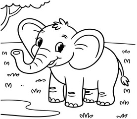 A delightful illustration of a cheerful elephant standing in a grassy field. coloring page ready to print on standard