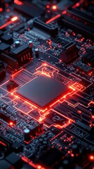 Obraz premium High-Tech Circuit Board with Glowing Red Light and Microchip Detail