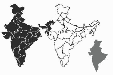 Map of India, multiple variations, grayscale, black and white, outline, geographical regions, state borders, minimalist design, cartography, vector graphics, political map, infographic style, monochro