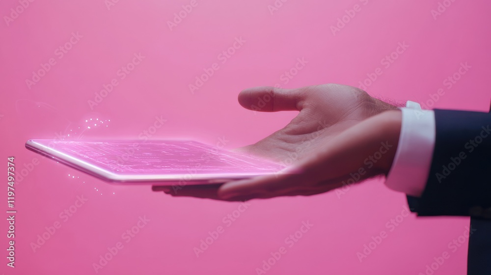 Poster close up of businessman hand using tablet with abstract coding and digital web hologram on pink back