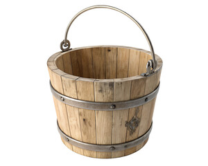 Fototapeta premium Rustic wooden bucket with metal handle, vintage storage container, country style