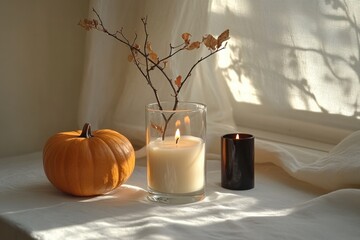 Beautiful autumn arrangement with candle, pumpkin, and dried branches in soft light