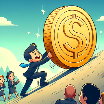 Business Success Concept Illustration - Person Pushing Large Gold Dollar Coin Up Hill Symbolizing Financial Growth and Perseverance