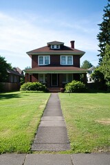Charming Brick House Sunny Day Suburban Home Path Landscape