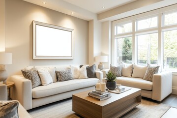 Stylish modern living room with plush sofas and warm natural light filtering through large windows