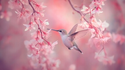 Hummingbird in Pink Paradise Breathtaking Nature Photography of Tiny Bird Amongst Cherry Blossoms