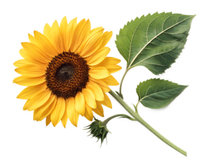 Bright sunflower with green leaf, natural floral design, summer bloom