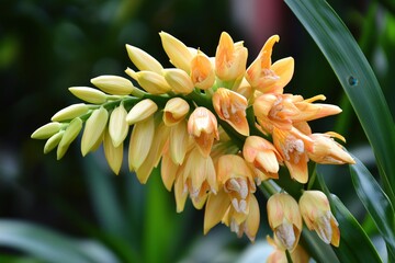 Delicate Pale Yellow and Orange Orchid Blooms Cluster Close Up