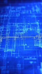Fototapeta premium Blue Monochrome Architectural Blueprint Design with Technical Details, Shallow Depth of Field