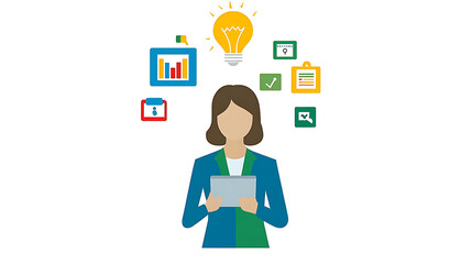 Businesswoman using tablet, surrounded by colorful icons representing ideas, planning, and progress.  Concept of efficient work, innovation and success.