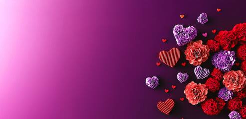 Kolorowa dekoracja walentynkowa z sercami i kwiatami na fioletowym tle