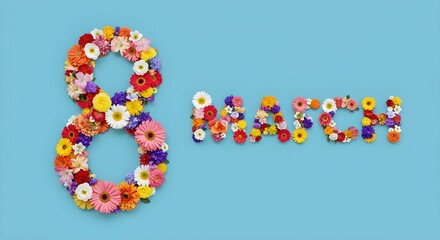 Number eight from colorful different flowers and letters  on blue background. consept of eight march, woman's day.