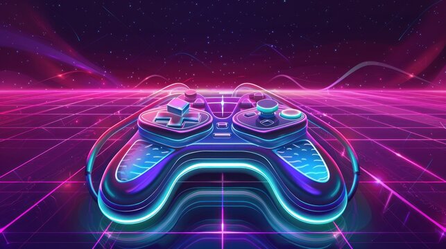 Retro Game Controller, Neon Grid, 80s Synthwave Background - Powered by Adobe