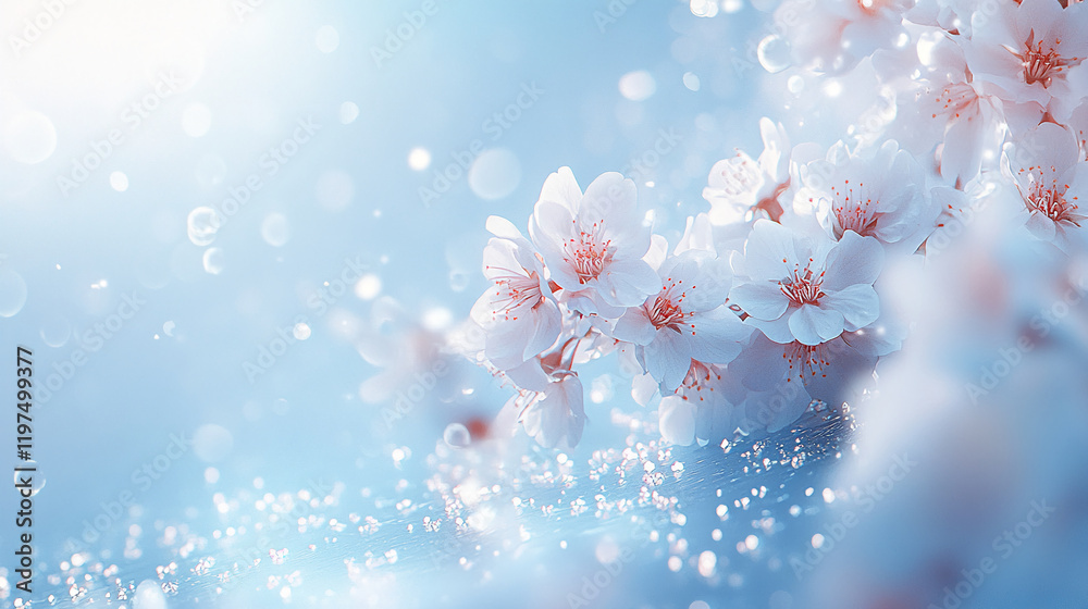 Poster delicate cherry blossoms with sparkling bokeh on a blue background