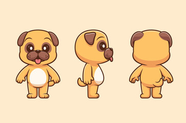 Cute Pug Dog With Front, Side And Back View Cartoon Vector Icon Illustration. Animal Nature Icon Concept Isolated Premium Vector. Flat Cartoon Style