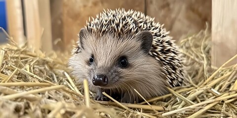 Fototapeta premium Adorable Hedgehog Nestled in Hay Cute Wildlife Animal Portrait