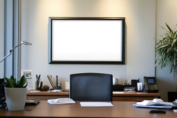 Modern office space featuring a minimalist design with a large blank canvas and organized workspace