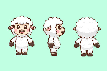 Cute Sheep With Front, Side And Back View Cartoon Vector Icon Illustration. Animal Nature Icon Concept Isolated Premium Vector. Flat Cartoon Style