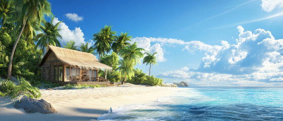 Naklejka premium Cozy tropical bungalow by the beachfront with clear blue skies and gentle waves