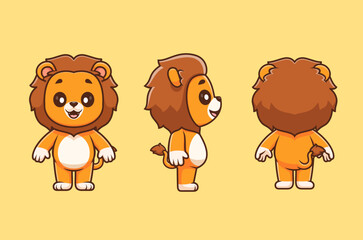 Cute Lion With Front, Side And Back View Cartoon Vector Icon Illustration. Animal Nature Icon Concept Isolated Premium Vector. Flat Cartoon Style
