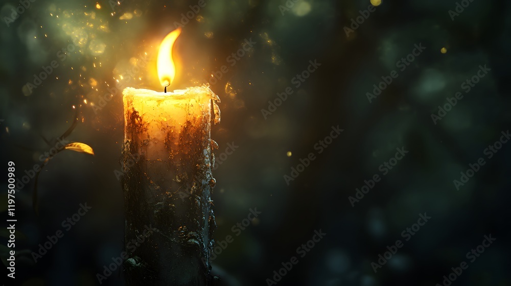 Poster Ethereal Glow of a Flickering Candle in a Mystical Forest Setting Illuminating the Darkness with Warm Light and Enchanting Bokeh Effect Creating a Cozy Atmosphere