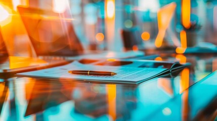 Corporate policy document on a sleek glass desk in a modern office setting, symbolizing professionalism and business clarity. Professional workplace and corporate governance concepts.