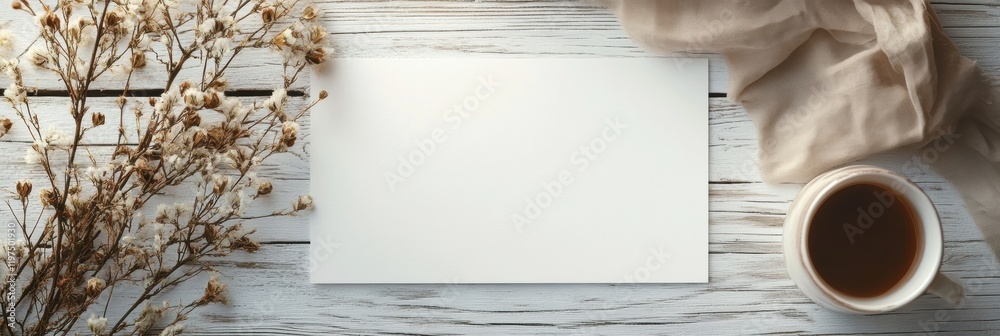 Aufkleber blank space for text on a rustic wooden table with dried flowers and a cup of coffee in a cozy setti