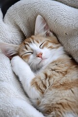 Adorable Kitten Sleeping Peacefully in Soft Blanket Cozy Warm Peaceful Nap