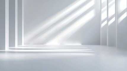 Obraz premium A spacious white space with soft natural lighting casting diagonal shadows. Modern design, combining cleanliness and spaciousness.