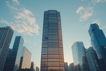 Modern skyscrapers tower against a clear blue sky in a bustling metropolitan city during sunset hours