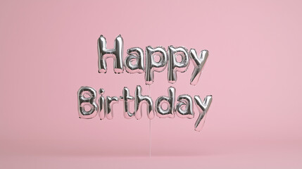Silver Balloons Happy Birthday: Elegant silver metallic balloons spelling out "Happy Birthday" against a soft pink background. Perfect for birthday greetings and celebrations.