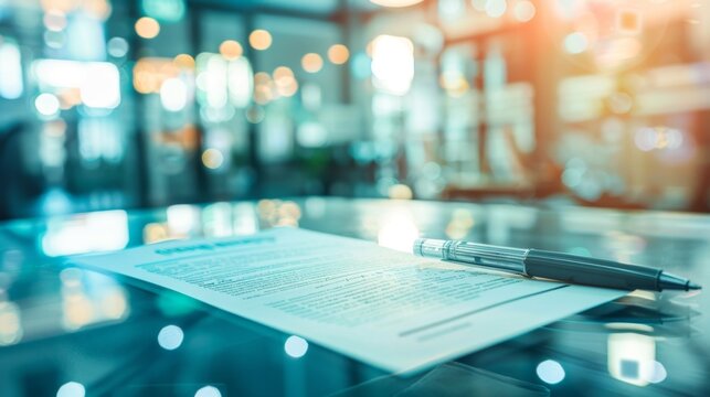 Corporate policy document on a sleek glass desk in a modern office setting, symbolizing professionalism and business clarity. Professional workplace and corporate governance concepts.