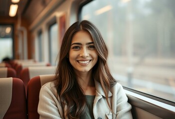Female passenger in a train car with relaxed expression