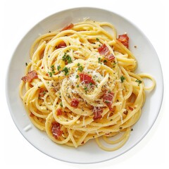 A savory plate of spaghetti carbonara with crispy pancetta and grated Parmesan, isolated white background, hyperrealism art style