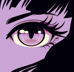 Stylized anime eye with bold lines and purple hues. The close-up view highlights intricate details, giving the composition a modern, vibrant, and artistic flair.