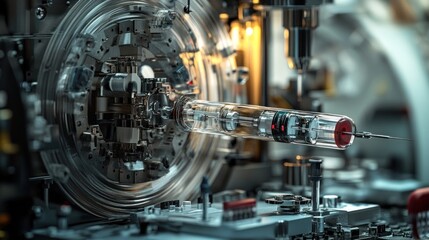 Fototapeta premium Futuristic Syringe Production: A Glimpse into Advanced Medical Manufacturing