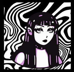 Gothic anime girl with dark hair on a wavy psychedelic background. Vector illustration for a print design.