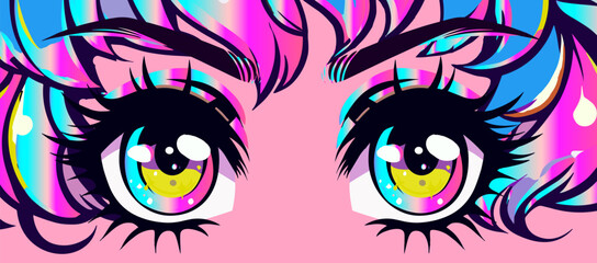 Obraz premium Sparkling anime bright eyes in neon colors with long eyelashes. Stylish cartoon illustration in manga comic book style for t-shirt printing. 