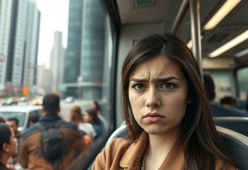 Fototapeta premium Portrait of a young woman on a crowded bus