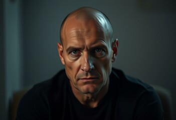 Fototapeta premium Bald man with gloomy expression in dimly lit room