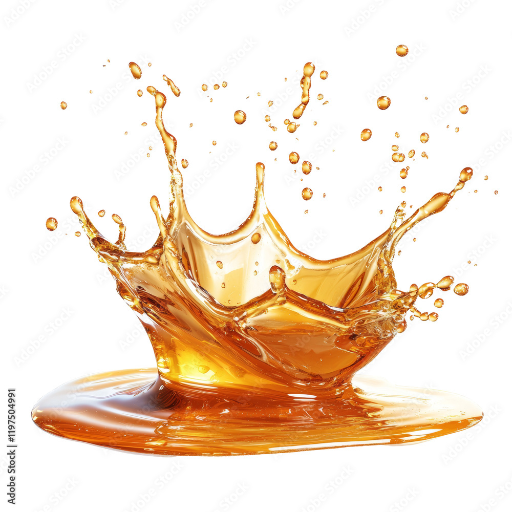 Poster A dynamic image showcasing an amber liquid splashing against a black background creating a visually appealing crown-like shape.