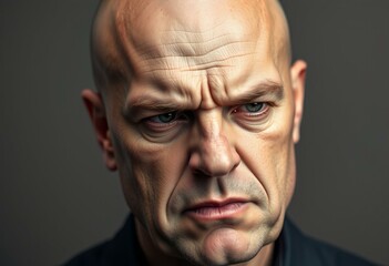 Bald man with scowl and downward cast eyes