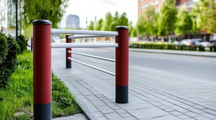 Detailed shot of a red and white parking barrier in a traffic jam, highlighting urban congestion and metal structure
