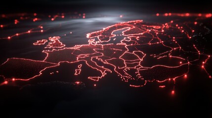Social network connection concept with glowing contour lines countries and dots on dark background. 3D rendering