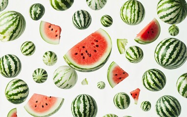 Floating Watermelon Slices and Whole Watermelons Summer Fruit Background